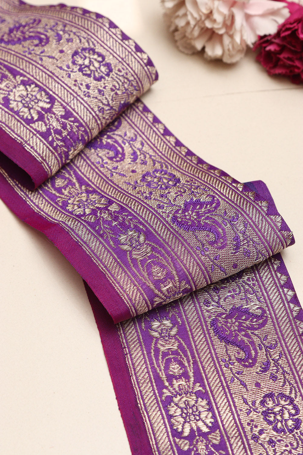 Purple Banarasi Handloom Vintage Pure Silk Border Lace - Luxurion World