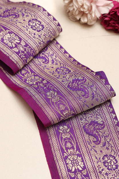 Purple Banarasi Handloom Vintage Pure Silk Border Lace - Luxurion World