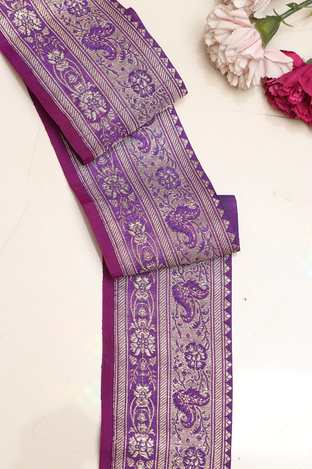 Purple Banarasi Handloom Vintage Pure Silk Border Lace - Luxurion World