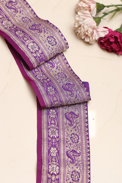Purple Banarasi Handloom Vintage Pure Silk Border Lace - Luxurion World