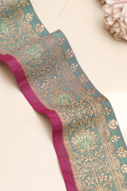 Grey Blue Banarasi Handloom Vintage Pure Silk Border Lace - Luxurion World