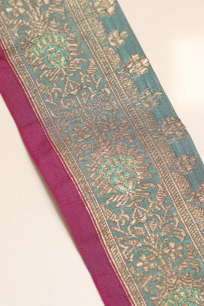 Grey Blue Banarasi Handloom Vintage Pure Silk Border Lace - Luxurion World