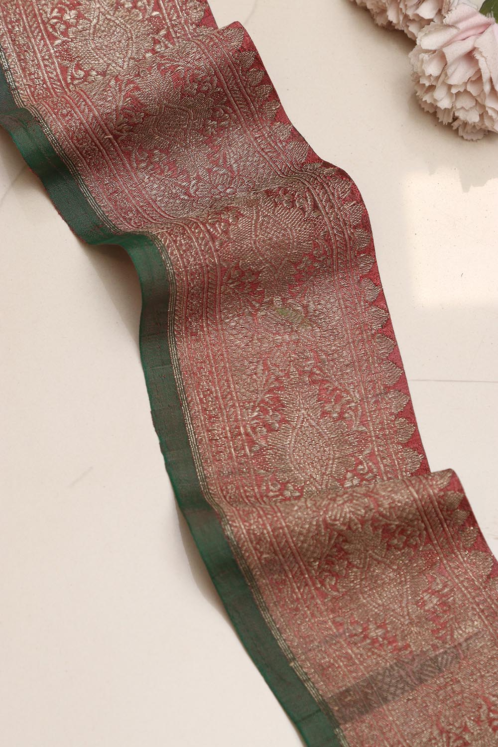 Pink Green Banarasi Handloom Vintage Pure Silk Border Lace ( 1 Mtr ) - Luxurion World