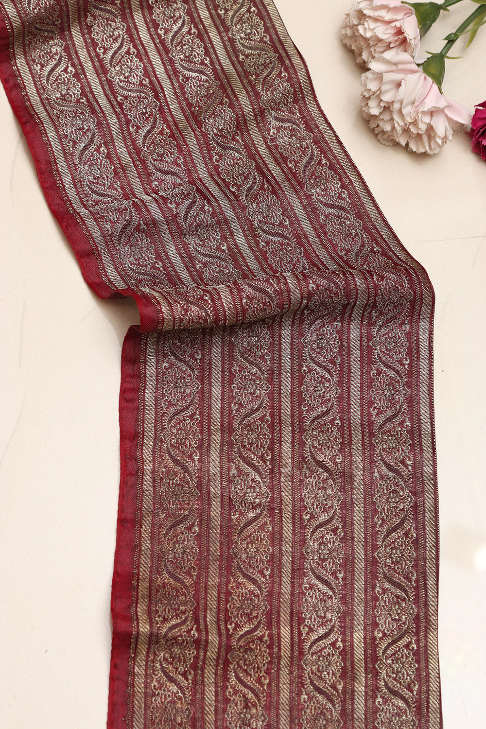 Maroon Banarasi Handloom Vintage Pure Silk Border Lace ( 1 Mtr ) - Luxurion World