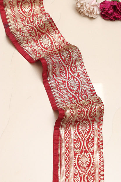 Red Banarasi Handloom Vintage Pure Silk Border Lace - Luxurion World