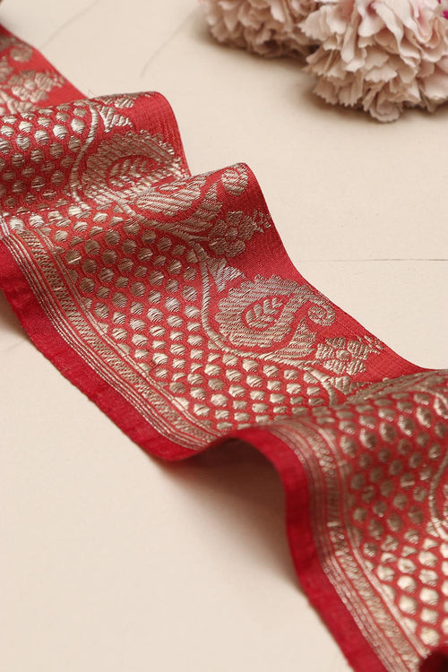 Red Banarasi Handloom Vintage Pure Silk Border Lace ( 1 Mtr ) - Luxurion World