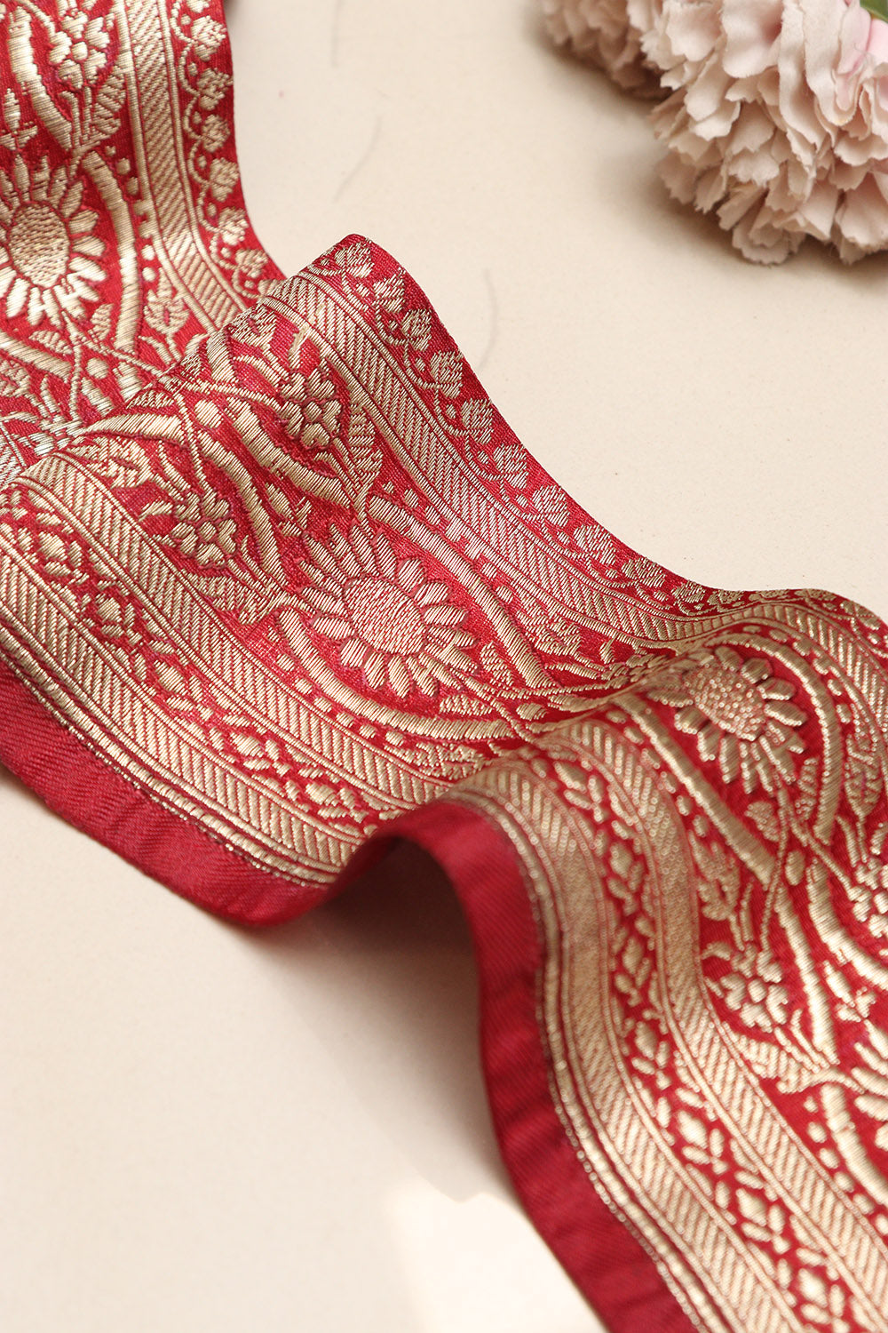 Red Banarasi Handloom Vintage Pure Silk Border Lace ( 1 Mtr ) - Luxurion World