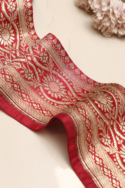 Red Banarasi Handloom Vintage Pure Silk Border Lace - Luxurion World