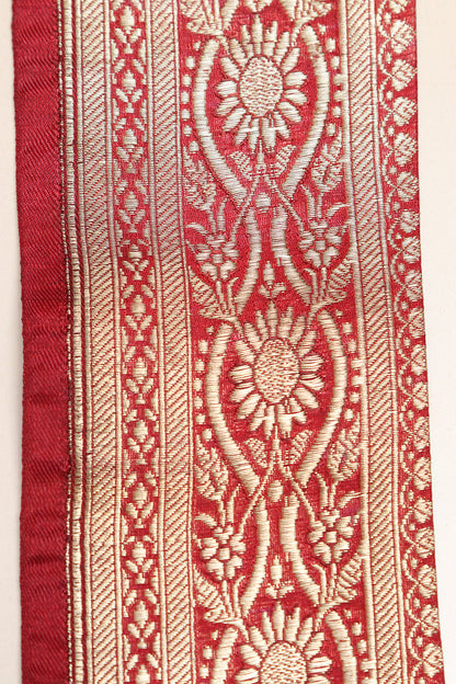 Red Banarasi Handloom Vintage Pure Silk Border Lace - Luxurion World