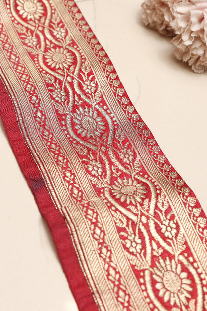 Red Banarasi Handloom Vintage Pure Silk Border Lace - Luxurion World