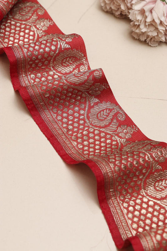 Red Banarasi Handloom Vintage Pure Silk Border Lace ( 1 Mtr ) - Luxurion World