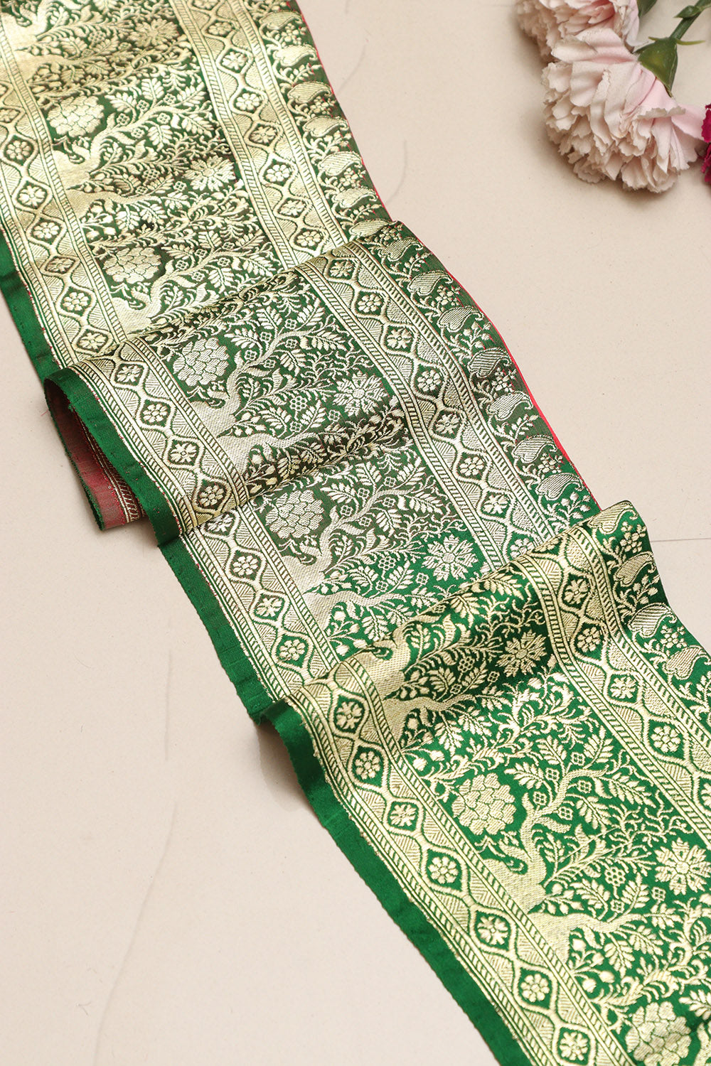 Green Banarasi Handloom Vintage Pure Silk Border Lace - Luxurion World
