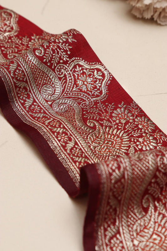 Maroon Banarasi Handloom Vintage Pure Silk Border Lace ( 1 Mtr ) - Luxurion World