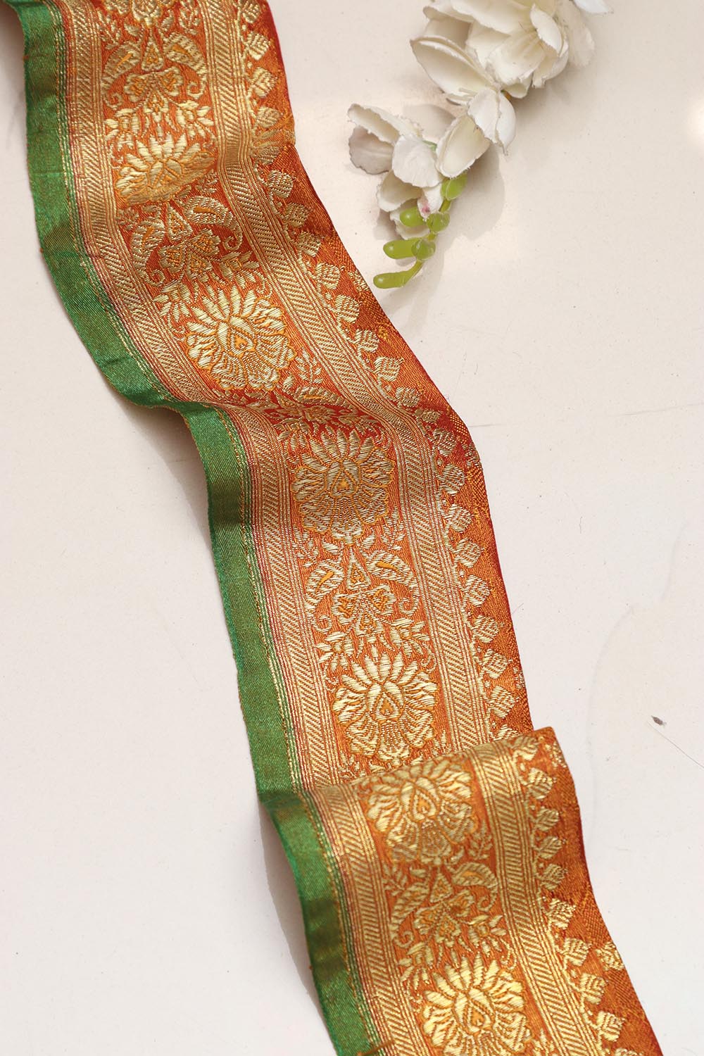 Orange Banarasi Handloom Vintage Pure Silk Border Lace ( 1 Mtr ) - Luxurion World