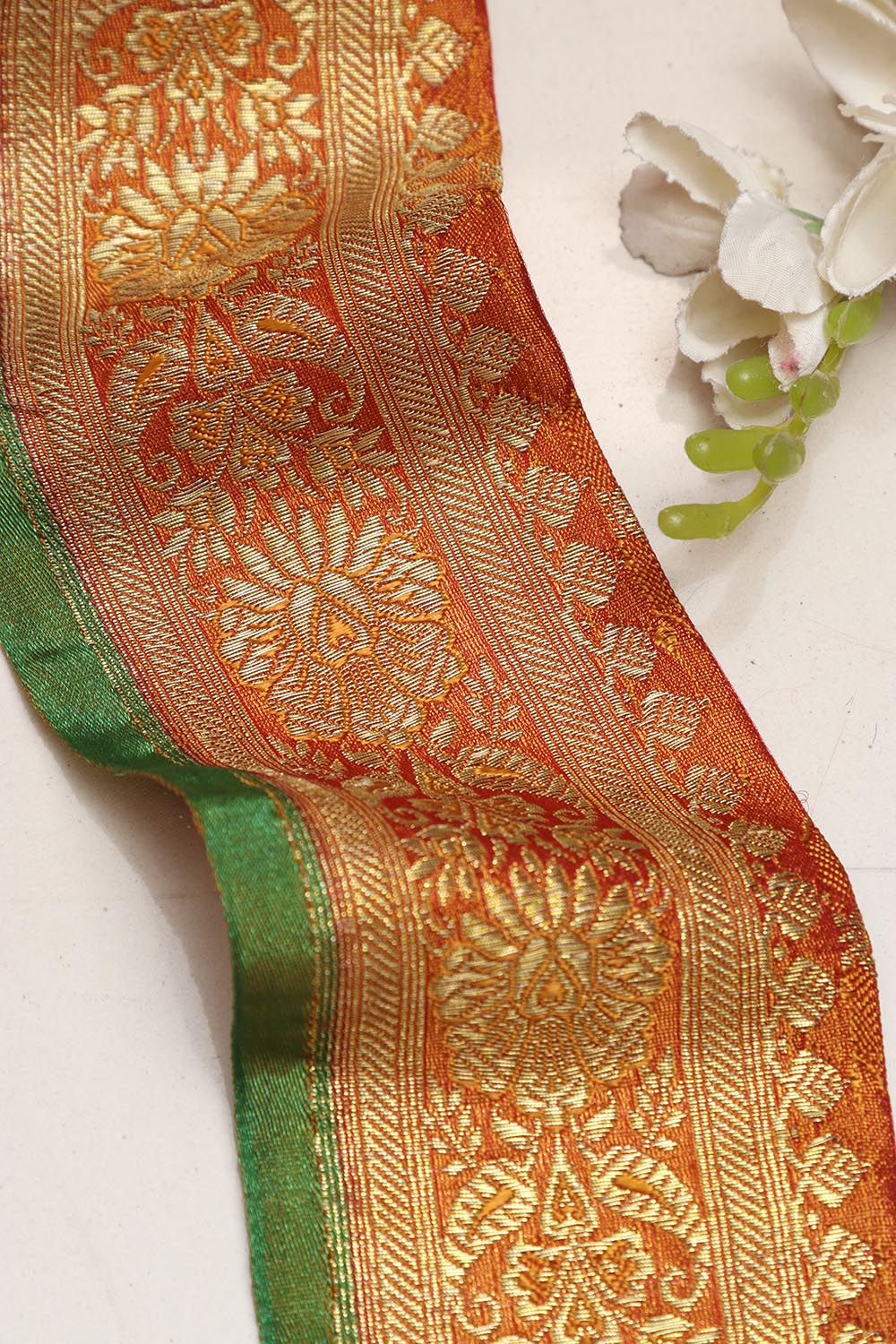 Orange Banarasi Handloom Vintage Pure Silk Border Lace ( 1 Mtr ) - Luxurion World