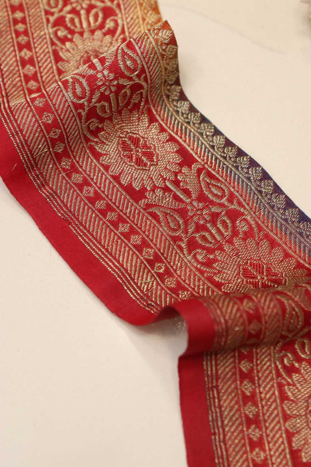Red Banarasi Handloom Vintage Pure Silk Border Lace - Luxurion World