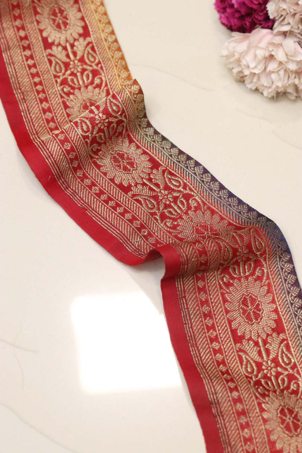 Red Banarasi Handloom Vintage Pure Silk Border Lace - Luxurion World