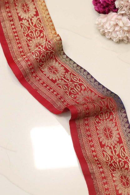Red Banarasi Handloom Vintage Pure Silk Border Lace - Luxurion World