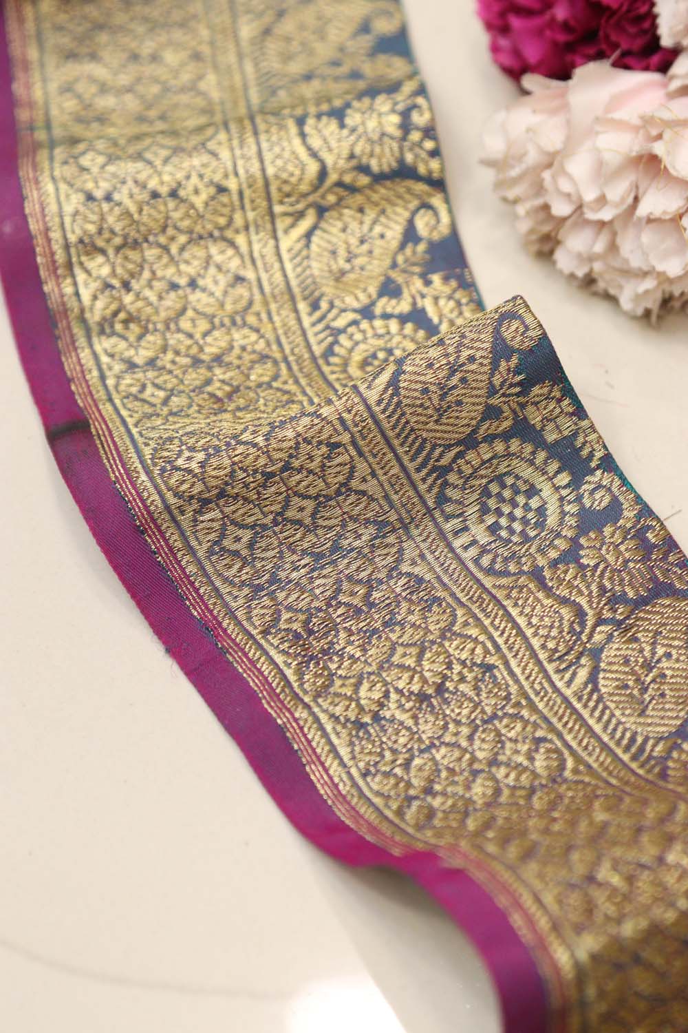Blue Banarasi Handloom Vintage Pure Silk Border Lace - Luxurion World
