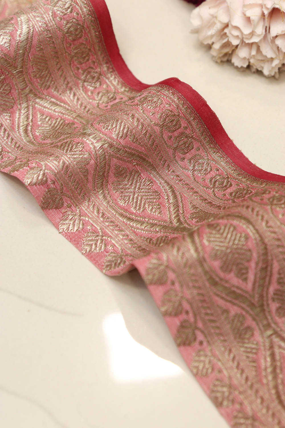 Pinkish Red Banarasi Handloom Vintage Pure Silk Border Lace (1 Mtr) - Luxurion World