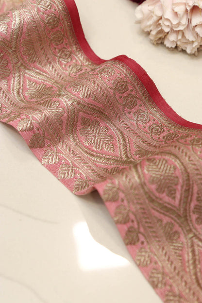 Pinkish Red Banarasi Handloom Vintage Pure Silk Border Lace (1 Mtr) - Luxurion World