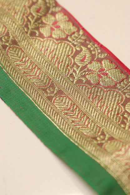 Red Green Banarasi Handloom Vintage Pure Silk Border Lace - Luxurion World