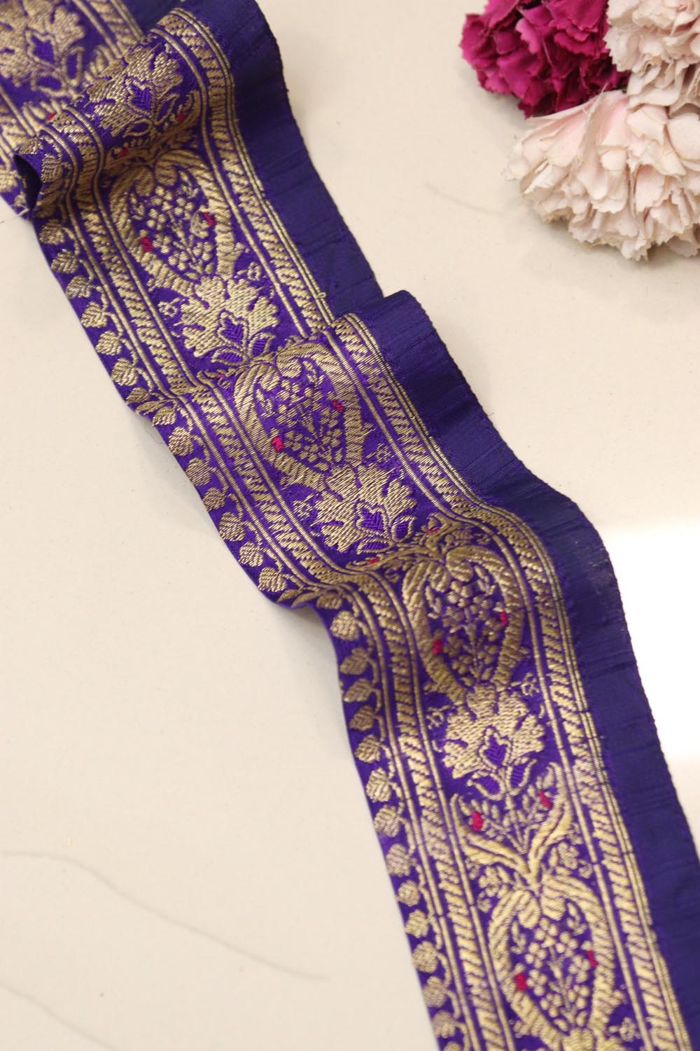 Blue Banarasi Handloom Vintage Pure Silk Border Lace - Luxurion World