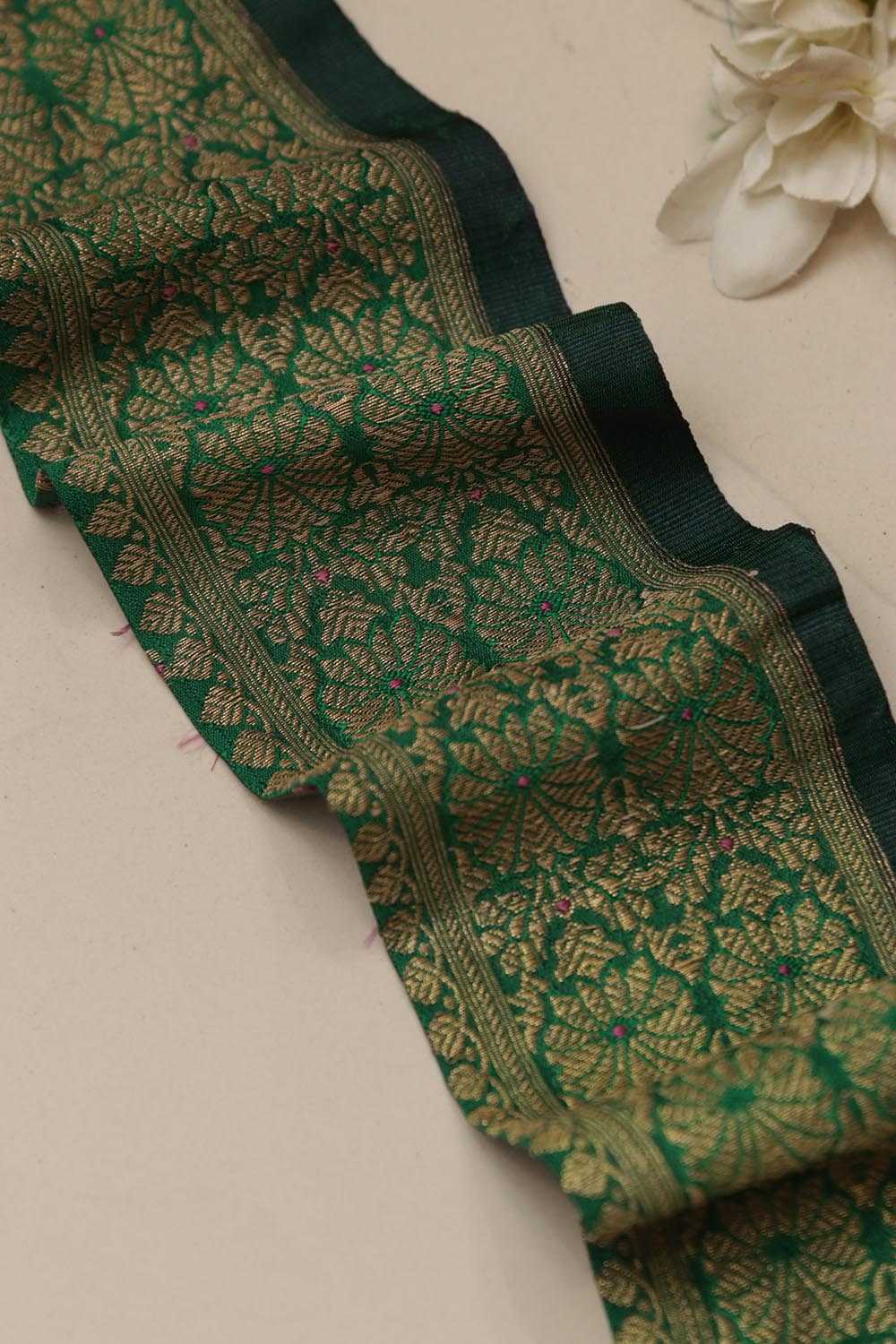 Green Banarasi Handloom Vintage Pure Silk Border Lace ( 1 Mtr ) - Luxurion World