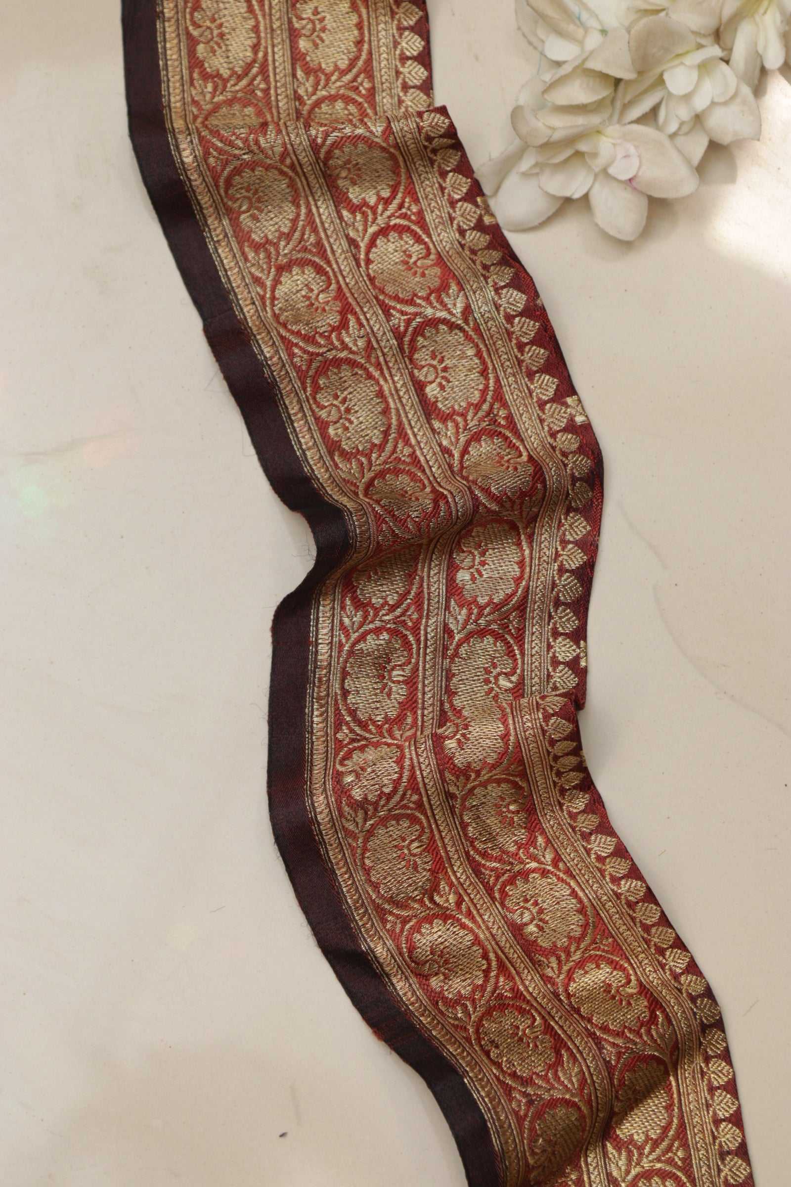 Orange Banarasi Handloom Vintage Pure Silk Border Lace ( 1 Mtr ) - Luxurion World