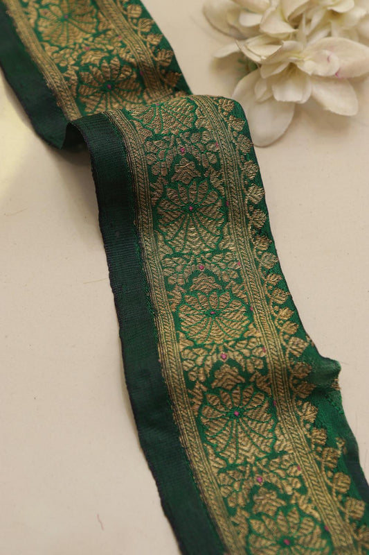 Green Banarasi Handloom Vintage Pure Silk Border Lace ( 1 Mtr ) - Luxurion World