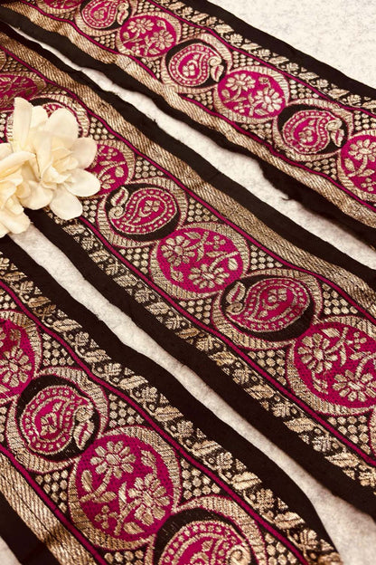 Black Pure Silk Vintage Banarasi Border Lace - Luxurion World