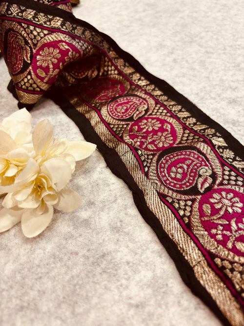 Black Pure Silk Vintage Banarasi Border Lace - Luxurion World