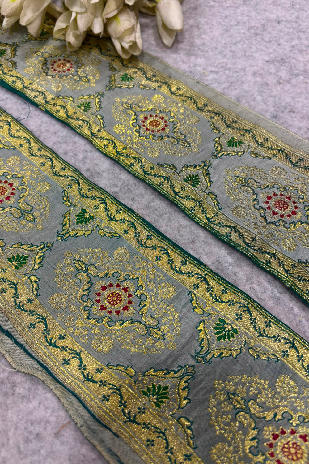 Grey Banarasi Pure Silk Border Lace — Vintage Weave, Festive & Bridal