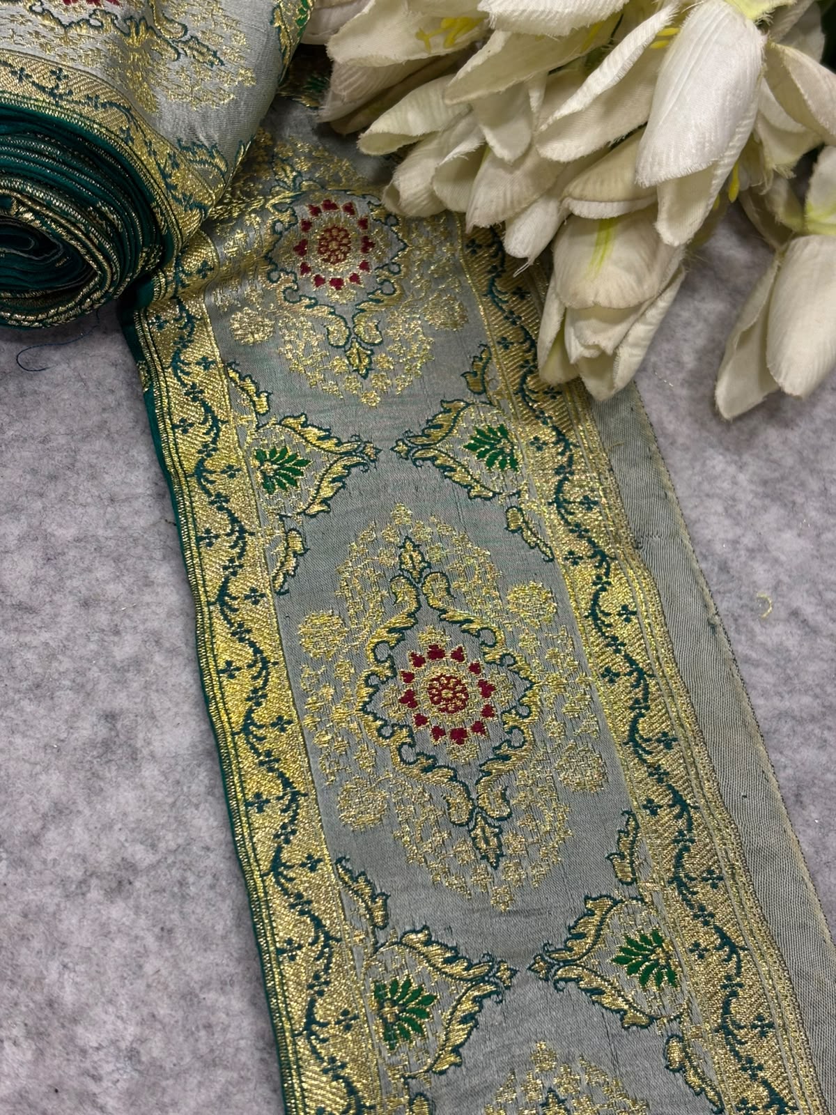 Grey Banarasi Pure Silk Border Lace — Vintage Weave, Festive & Bridal