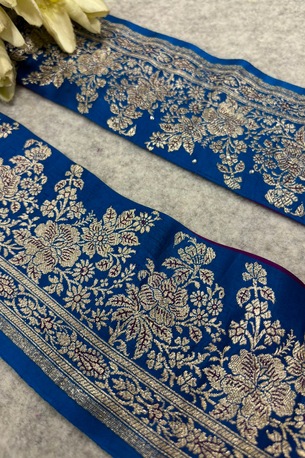 Blue Banarasi Pure Silk Border Lace — Vintage Weave, Festive & Bridal