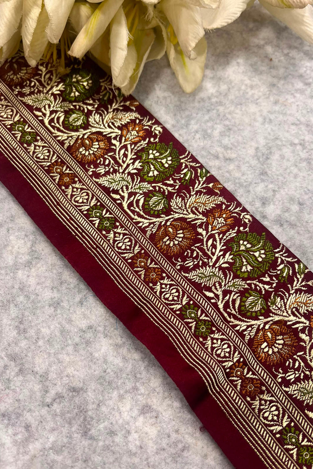 Maroon Banarasi Pure Silk Lace — Vintage Border Weave, Bridal