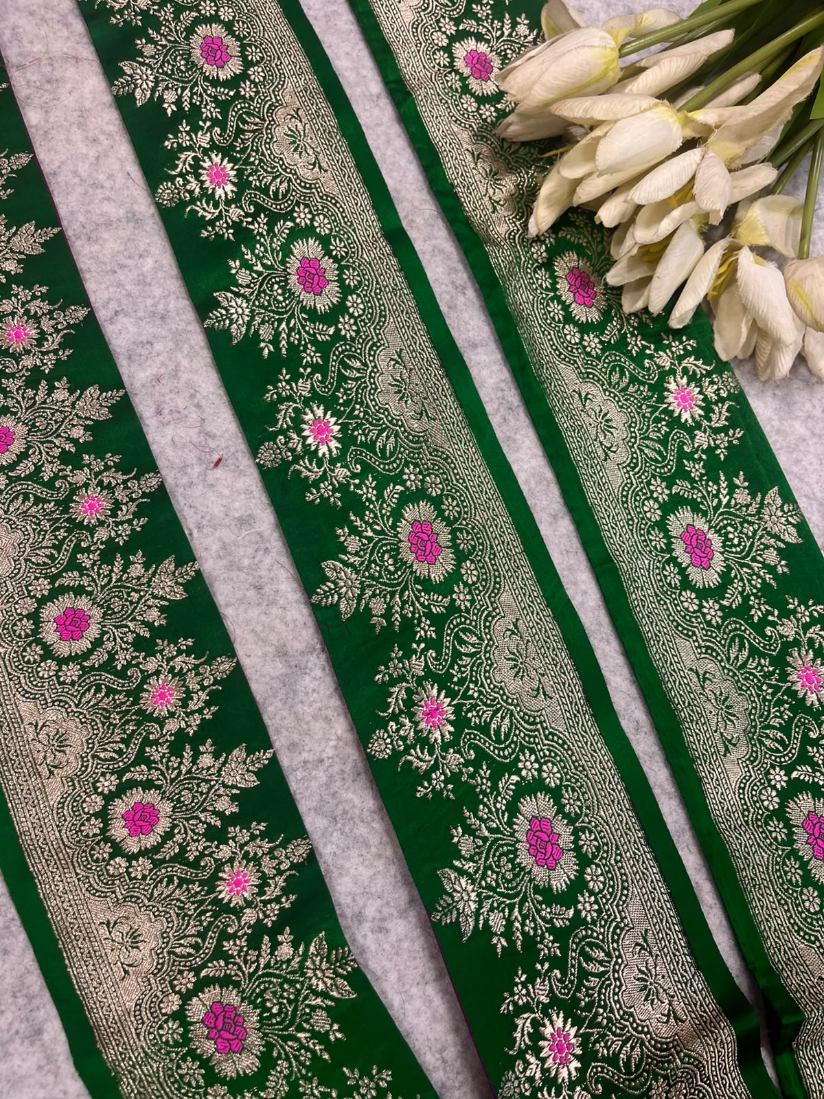 Green Banarasi Pure Silk Lace — Vintage Border Weave, Wedding