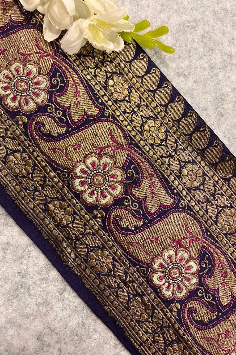 IL2B126082912 Blue Banarasi Pure Silk Vintage Border Lace