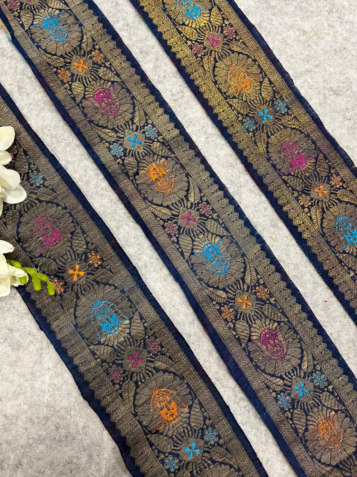 Blue Banarasi Pure Silk Lace Vintage Border Design ( 1 Mtr )