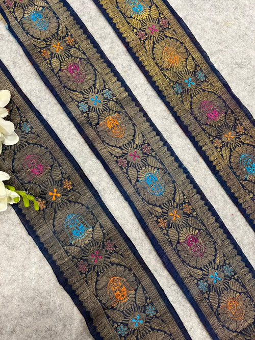 Blue Banarasi Pure Silk Lace Vintage Border Design ( 1 Mtr )