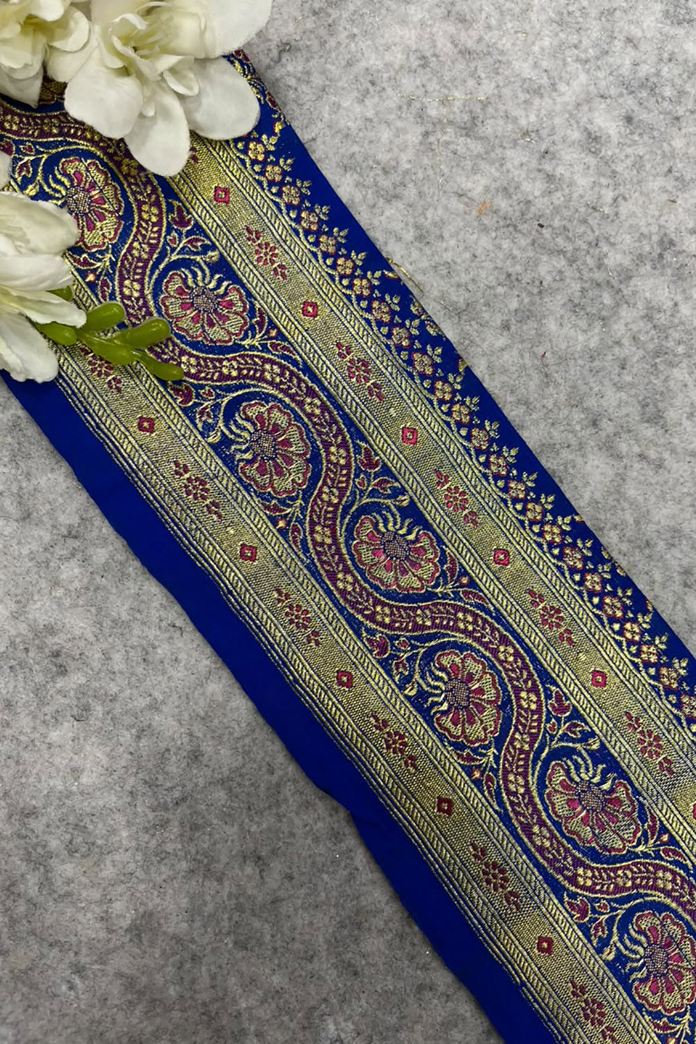 Blue Banarasi Pure Silk Border Lace Vintage Design ( 1 Mtr )