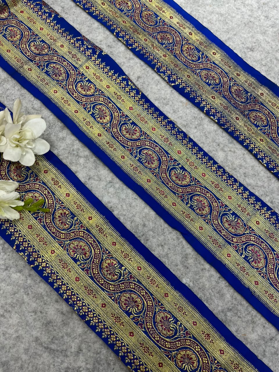 Blue Banarasi Pure Silk Border Lace Vintage Design ( 1 Mtr )