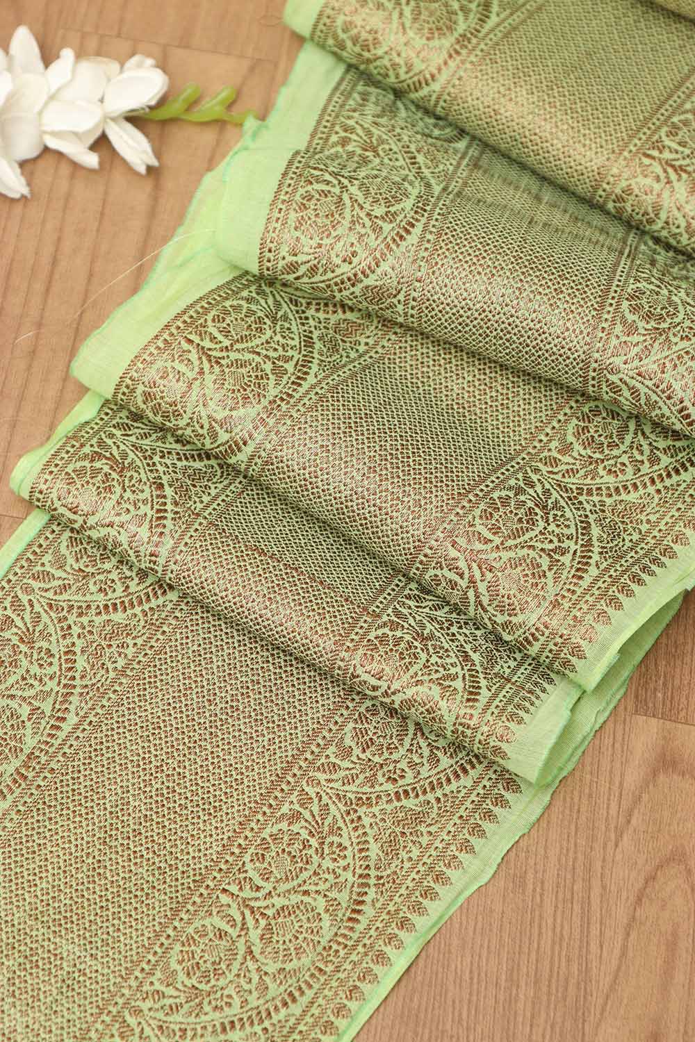 Green Banarasi Antique Zari Cotton Lace ( 1 Mtr ) - Luxurion World
