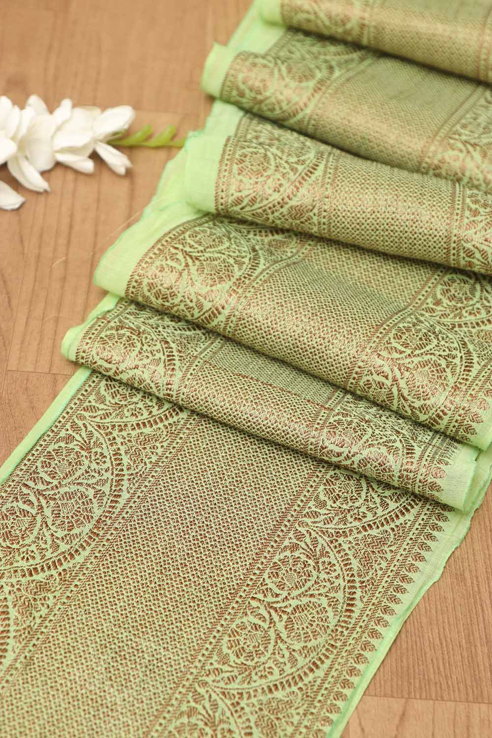 Green Banarasi Antique Zari Cotton Lace ( 1 Mtr ) - Luxurion World