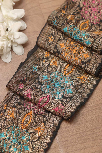 Black Banarasi Handloom Vintage Pure Silk Border ( 0.75 Mtr ) - Luxurion World