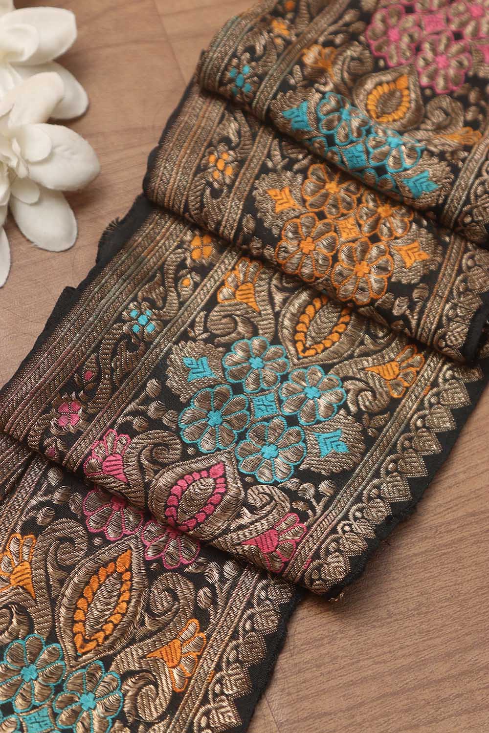 Black Banarasi Handloom Vintage Pure Silk Border ( 0.75 Mtr ) - Luxurion World