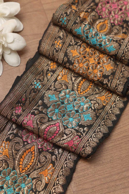 Black Banarasi Handloom Vintage Pure Silk Border ( 0.75 Mtr ) - Luxurion World
