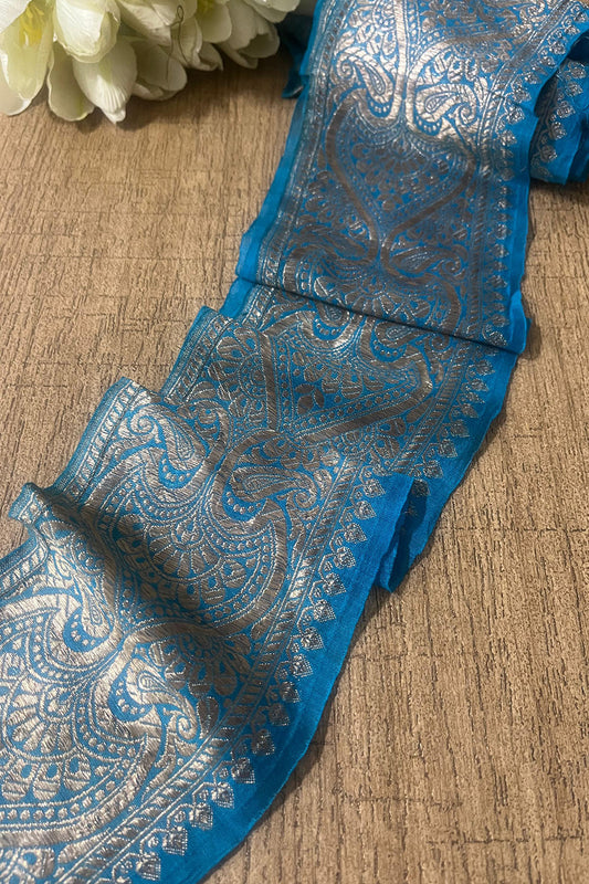Blue Banarasi Handloom Vintage Pure Silk Border ( 2.5 Mtr ) - Luxurion World