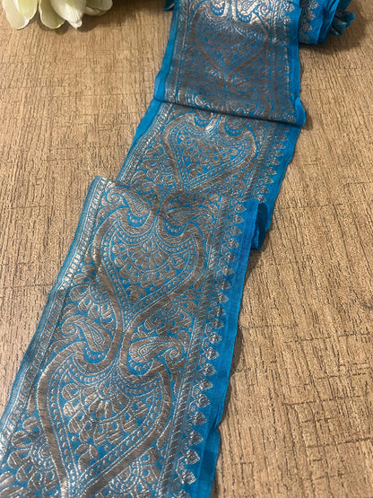 Blue Banarasi Handloom Vintage Pure Silk Border ( 2.5 Mtr ) - Luxurion World