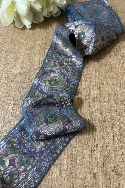 Blue Banarasi Handloom Vintage Pure Silk Border ( 1 Mtr ) - Luxurion World